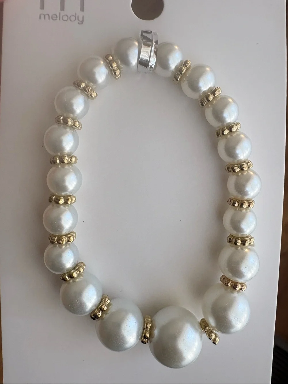 Ivory White Faux Pearl Beaded Bracelet with Gold Tone Accents